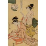 A Japanese woodblock print by Eishi, of courtesans looking at letters, ca. 1796