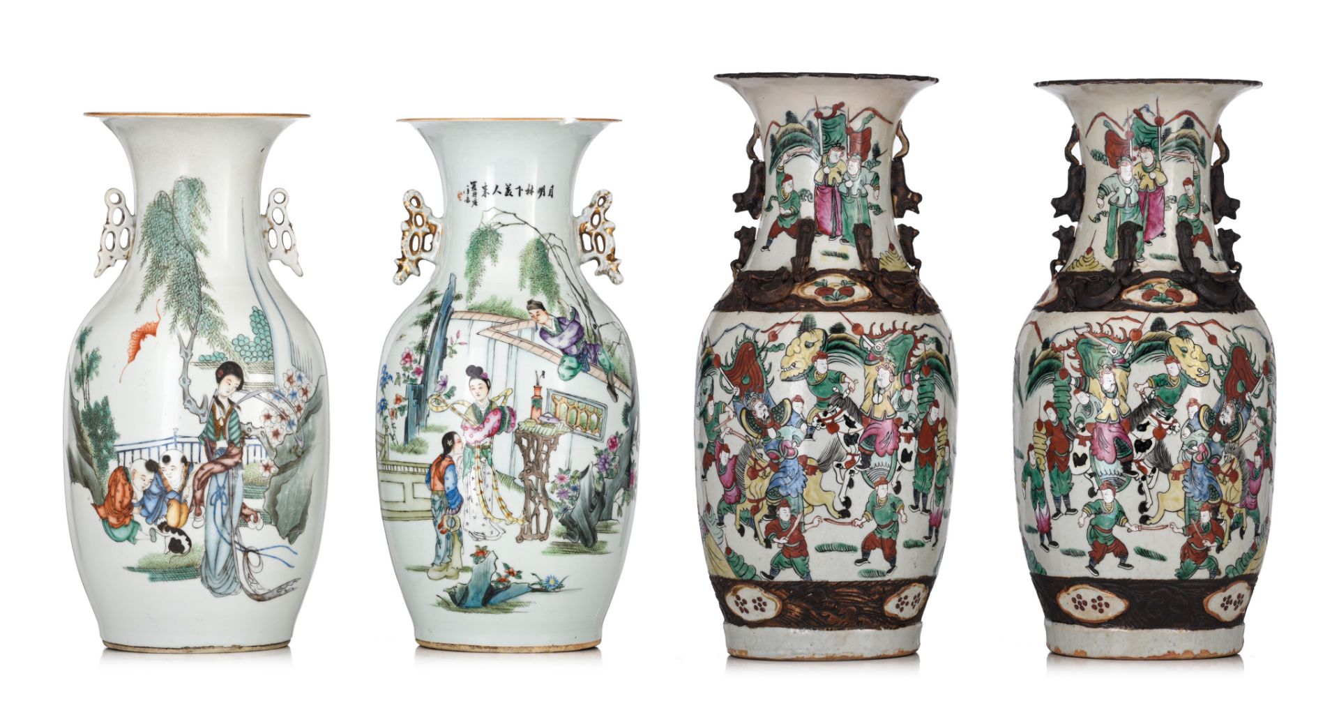 Two Chinese famille rose vases, each with a signed text, Republic period, H 41,5 cm - added a pair o