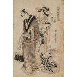 A Japanese woodblock print by Utamaro, two lovers standing, ca. 1797 (+)