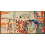 Triptych of Japanese woodblock prints format oban by Nobukazu, depicting beauties on a stroll, Meiji