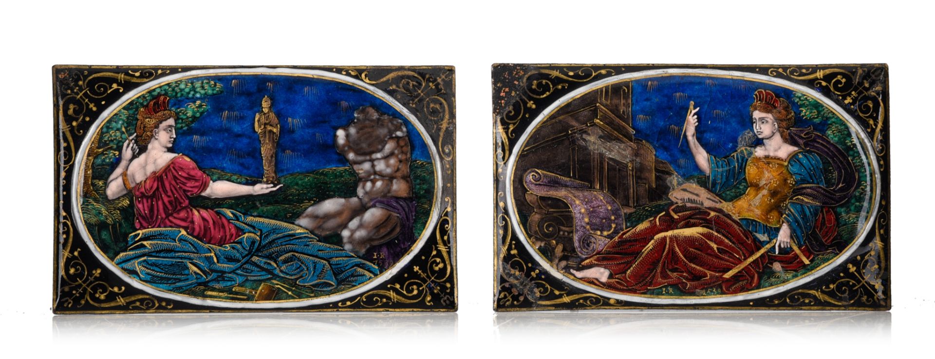 A Limoges enamel bowl (19thC) and 2 Limoges enamel plaques, (16thC), H 4,2 / 12,5 x 7,5 cm - Image 2 of 20