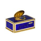 A charming singing bird box by Emile Brenk with 'gold dusted' translucent blue enamel, H 4 - W 10 cm