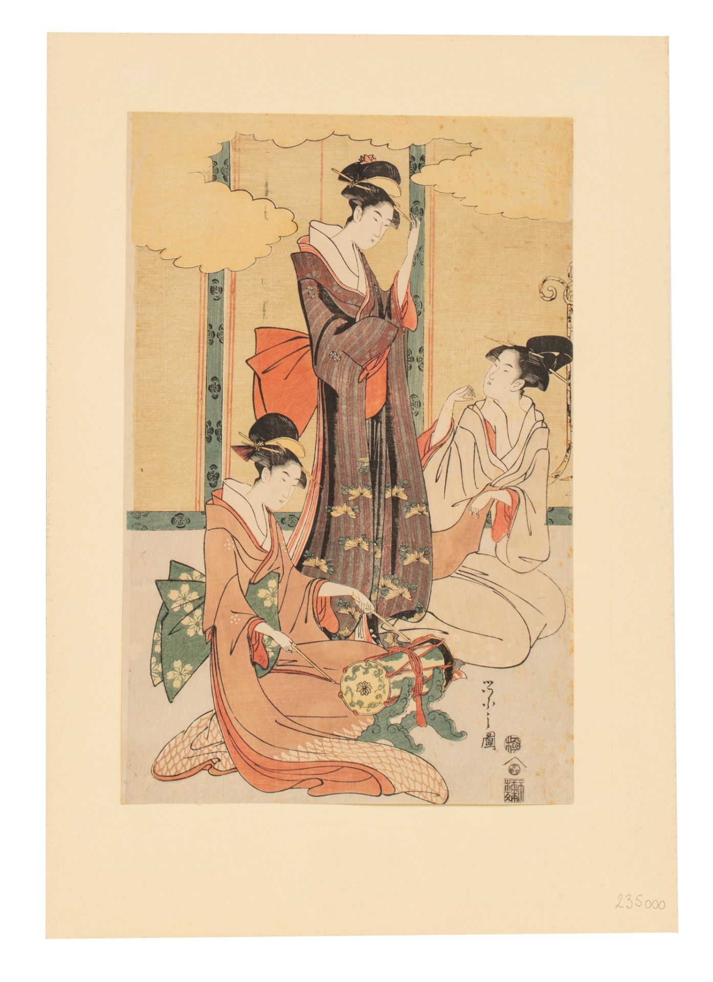 A Japanese woodblock print by Eishi, from the series on musical accomplishments, three courtesans on - Image 3 of 4