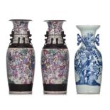 A pair of Chinese Nanking famille rose on crackle-glazed vases, 19thC, H 61 cm - added a blue and wh