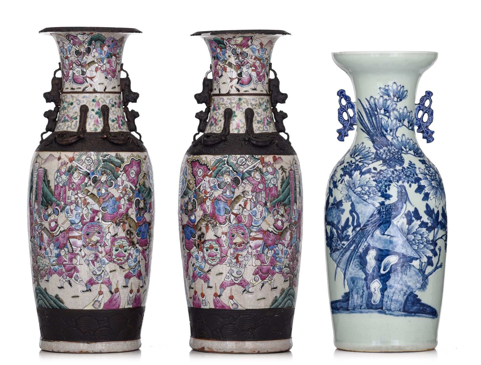 A pair of Chinese Nanking famille rose on crackle-glazed vases, 19thC, H 61 cm - added a blue and wh