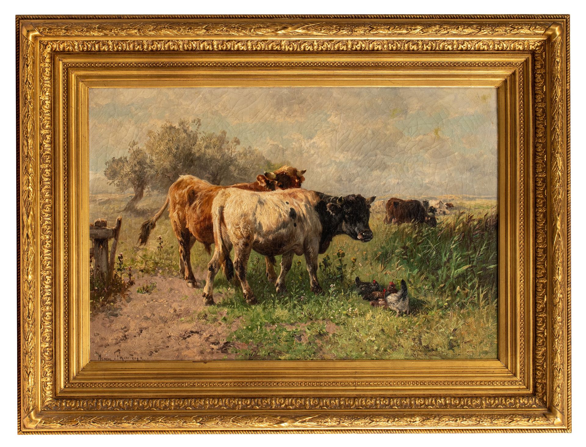 Henri Schouten (ca. 1860-1927), cows near the pond, oil on canvas, 60 x 91 cm - Image 2 of 11