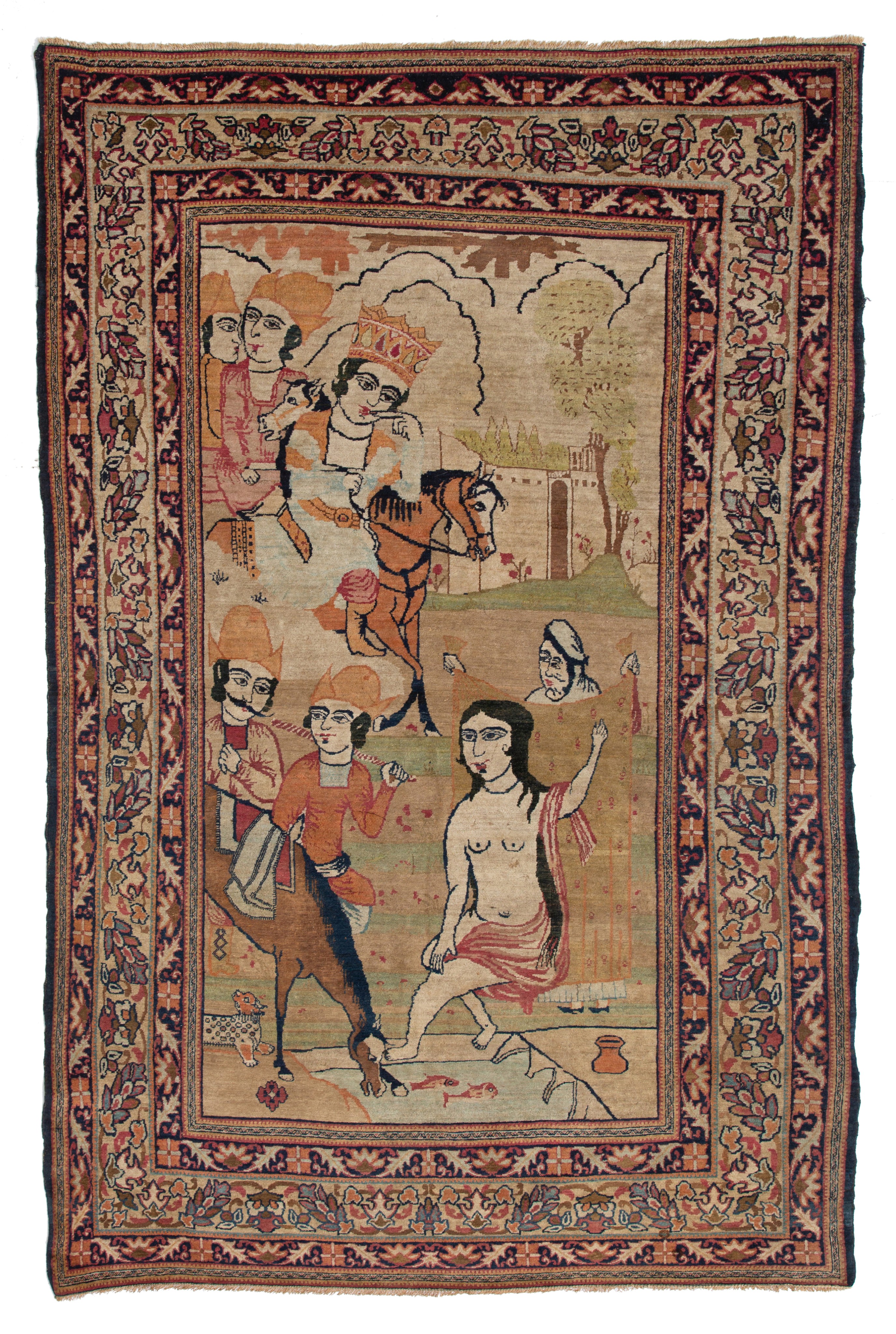 A pictorial Kirman rug, depicting a bathing scene, 19thC, 129 x 230 cm