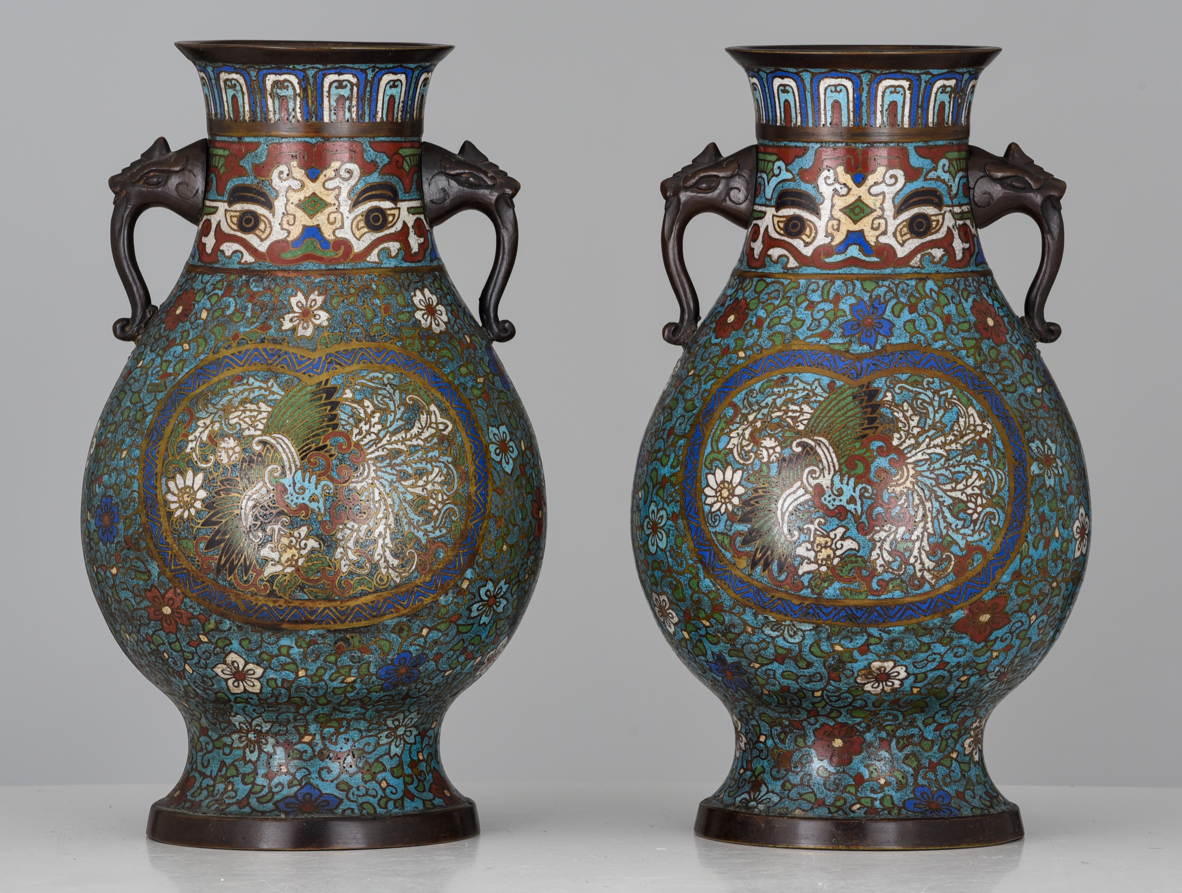 A pair of Japanese champleve bronze vases, 19thC/20thC, H 36 cm - Image 2 of 7