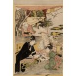 A Japanese woodblock print by Toyohiro, geishas with a young nobleman practising calligraphy, ca. 17
