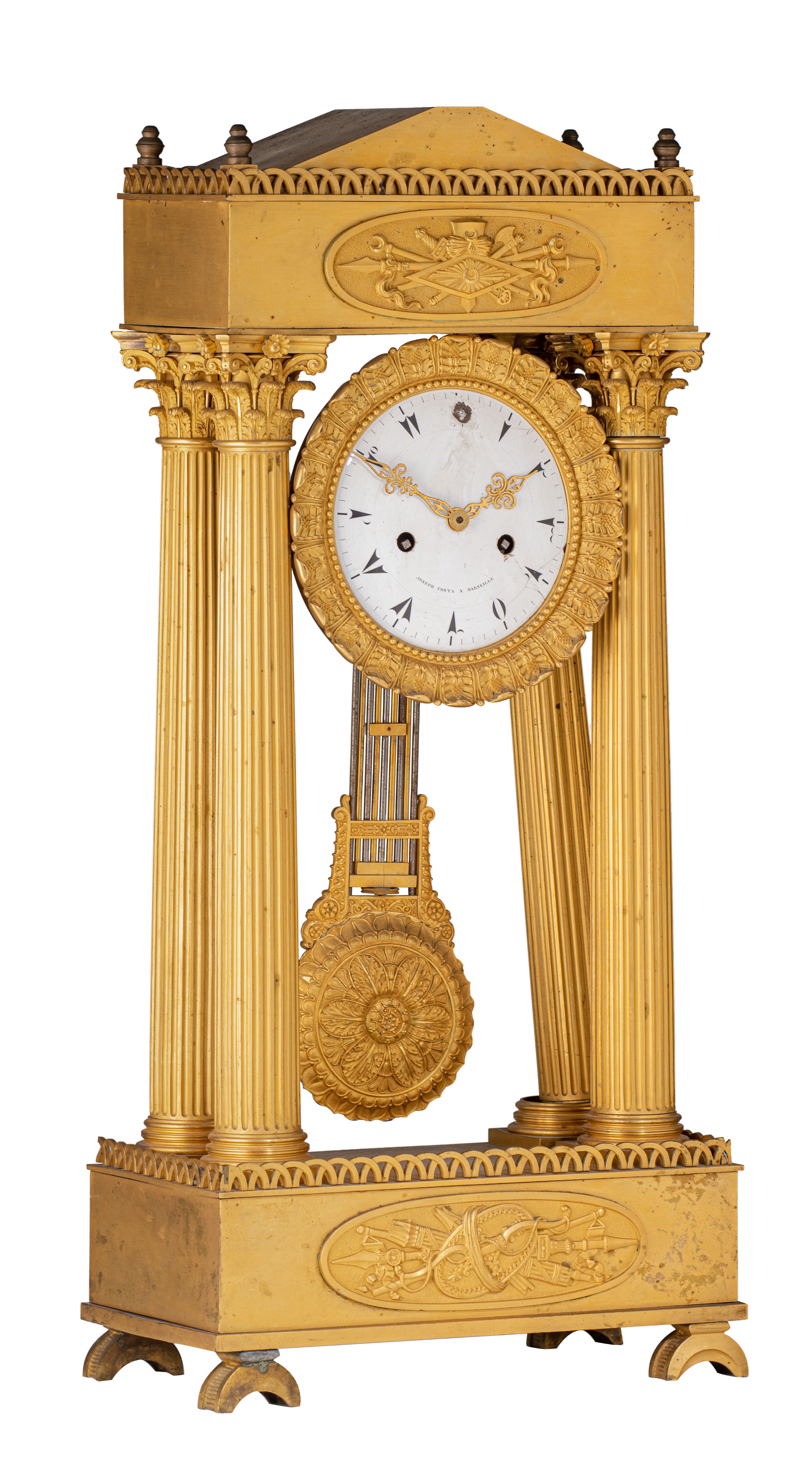 A Neoclassical gilt bronze portico clock, the enamelled dial signed 'Joseph Costa, a Paris', 19thC,