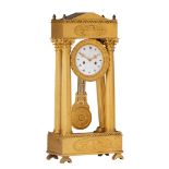 A Neoclassical gilt bronze portico clock, the enamelled dial signed 'Joseph Costa, a Paris', 19thC,