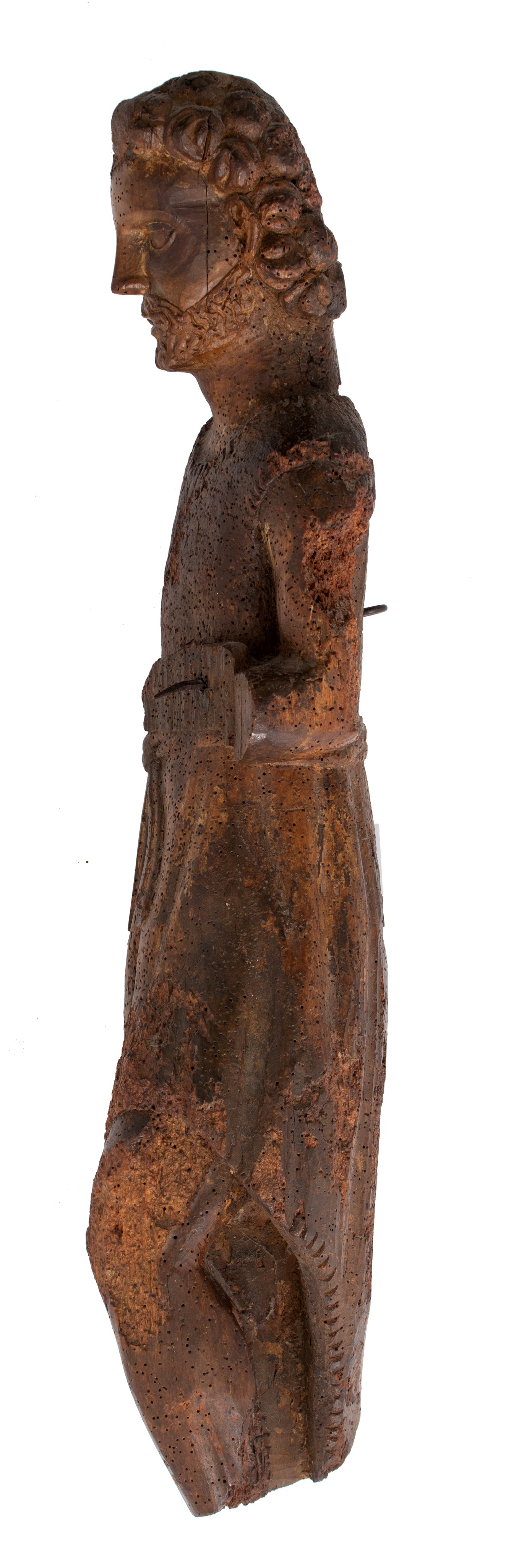 A walnut sculpture of a saint, 15thC, H 80 cm - Image 3 of 7