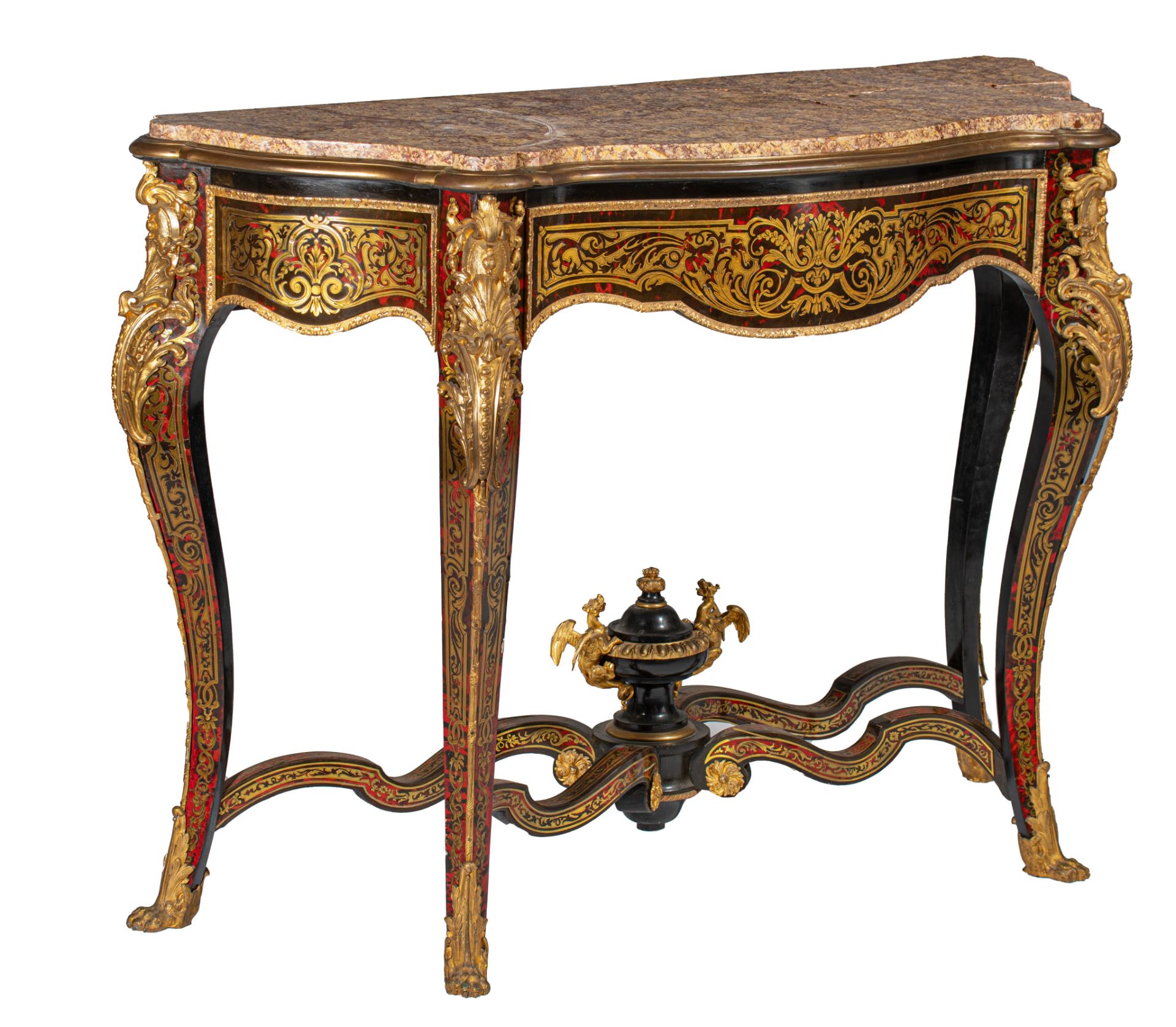 A Napoleon III Boulle work console table, with marble top, marked, H 95 - W 135 - D 50 cm
