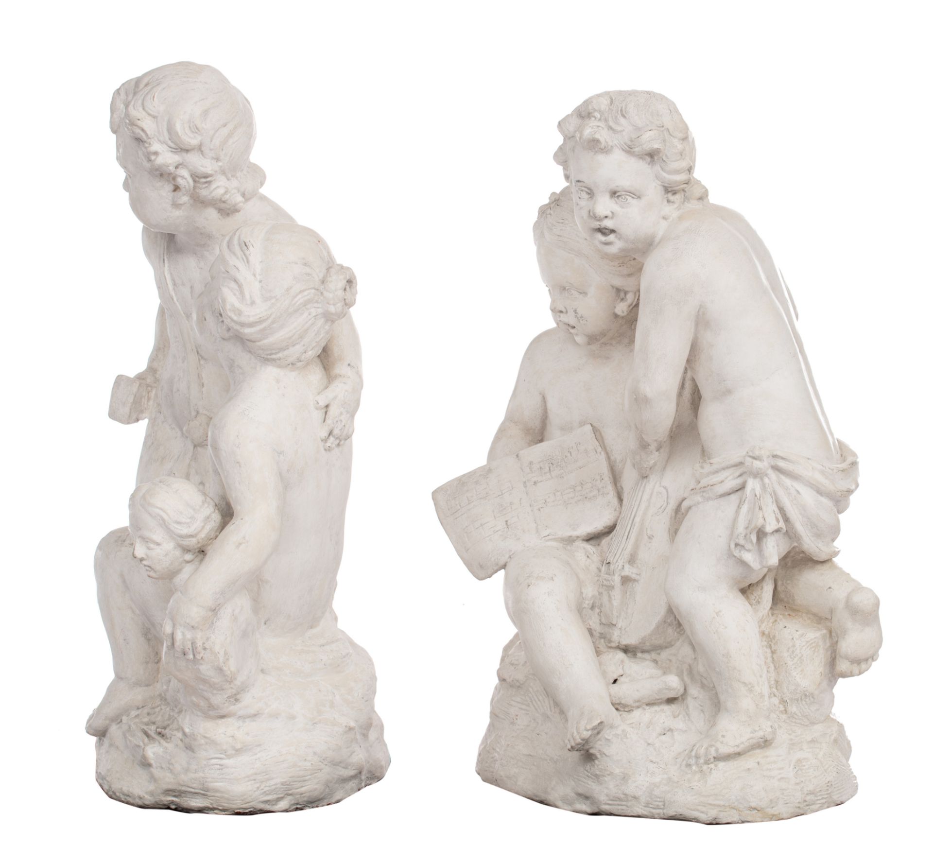 Two white painted terracotta sculptures, depicting an allegory on music and sculpture, 18thC, H 85 - - Image 4 of 11