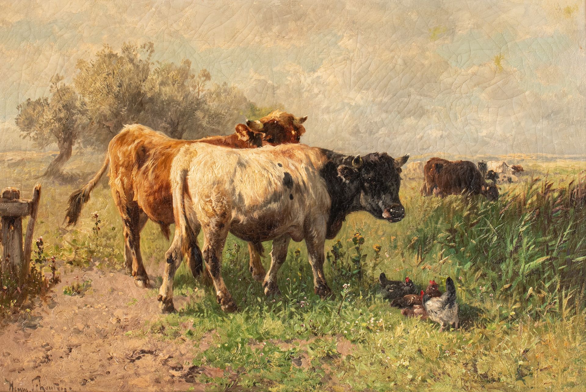 Henri Schouten (ca. 1860-1927), cows near the pond, oil on canvas, 60 x 91 cm