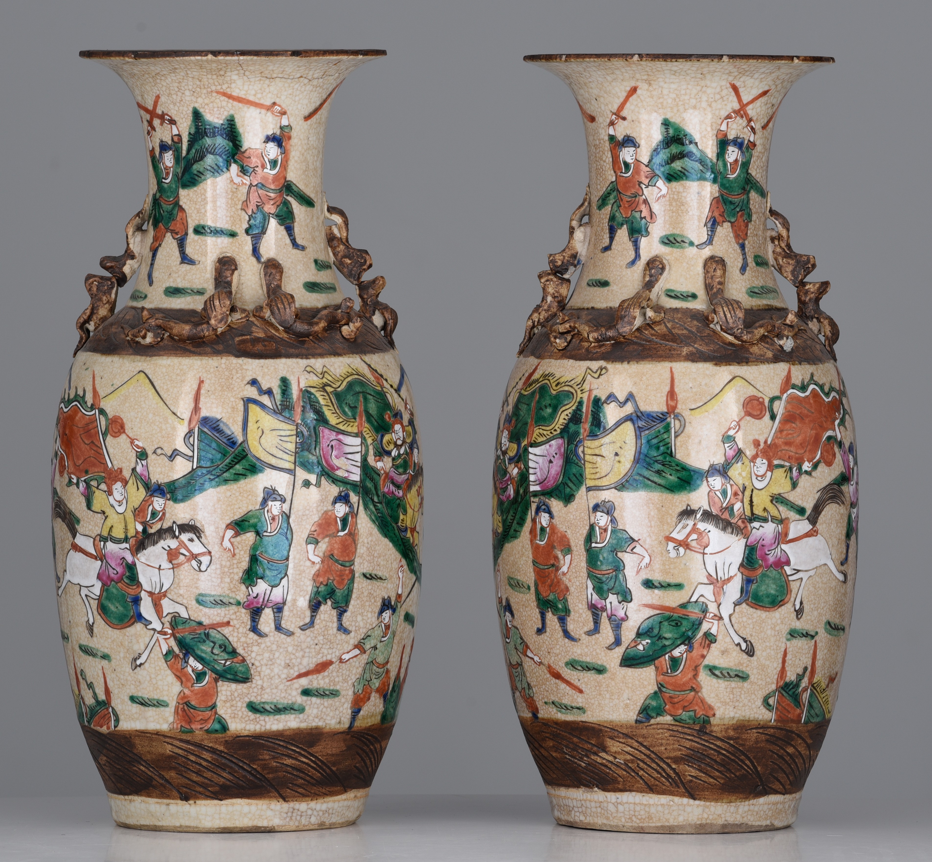 A pair of Chinese Nanking famille rose stoneware vases, 19thC, H 44 cm - Image 4 of 7