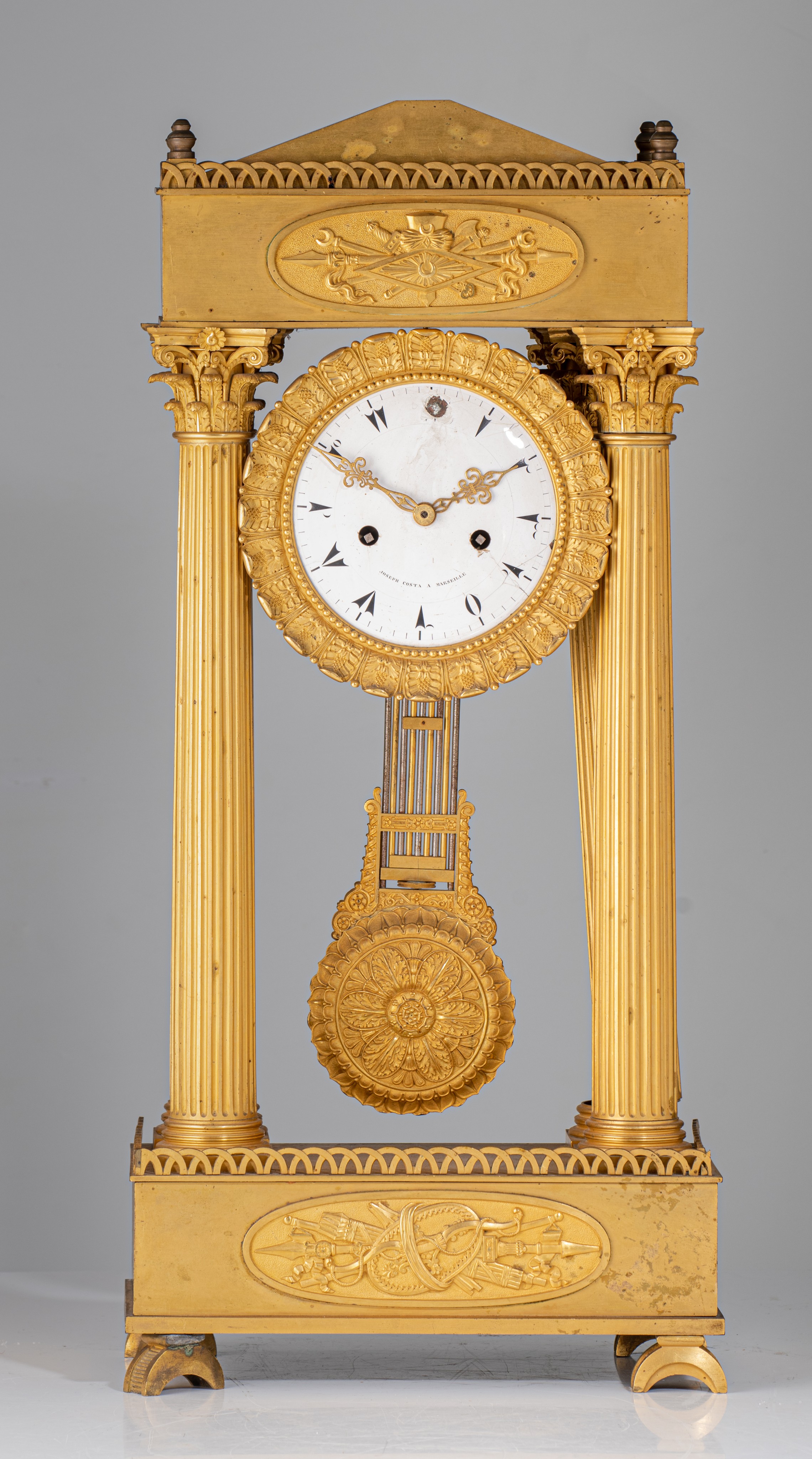 A Neoclassical gilt bronze portico clock, the enamelled dial signed 'Joseph Costa, a Paris', 19thC, - Image 3 of 9