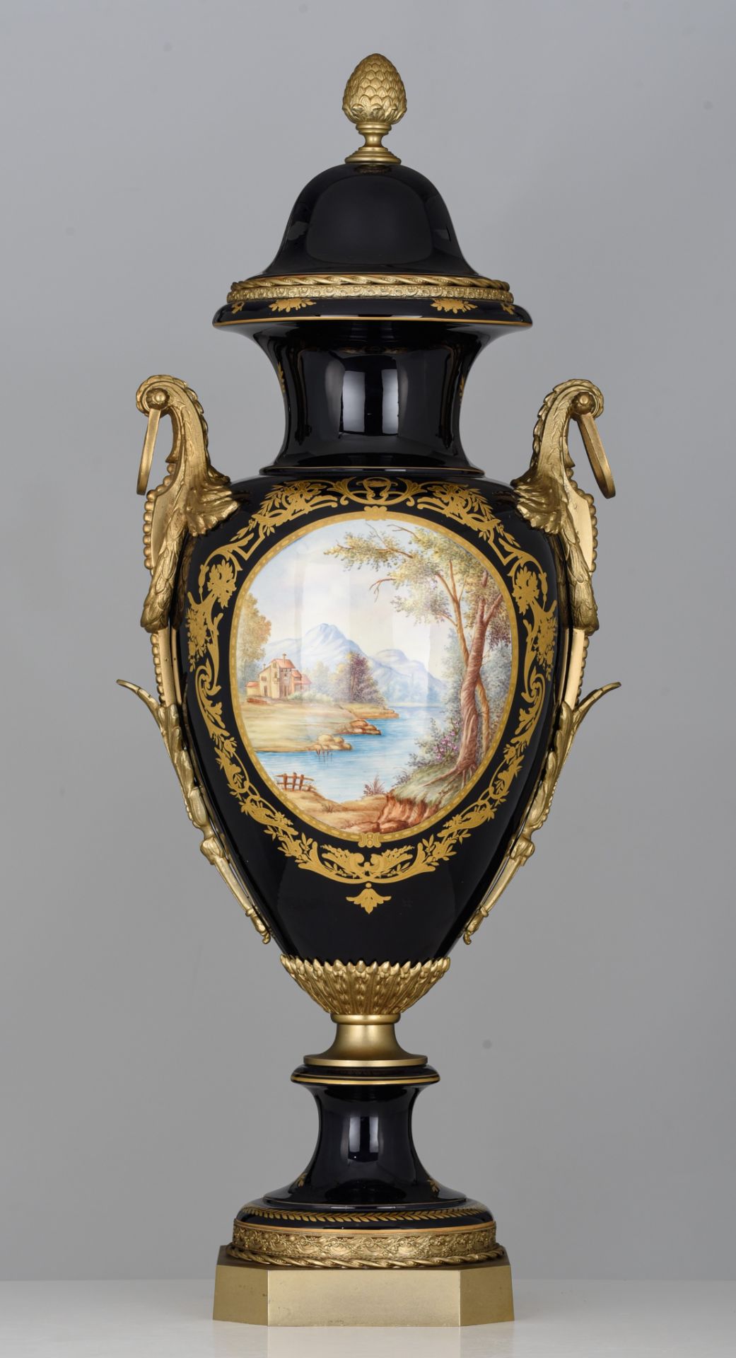 A large bleu royal ground Sevres type vase with gilt bronze mounts, 20thC, H 98 cm - Image 4 of 6