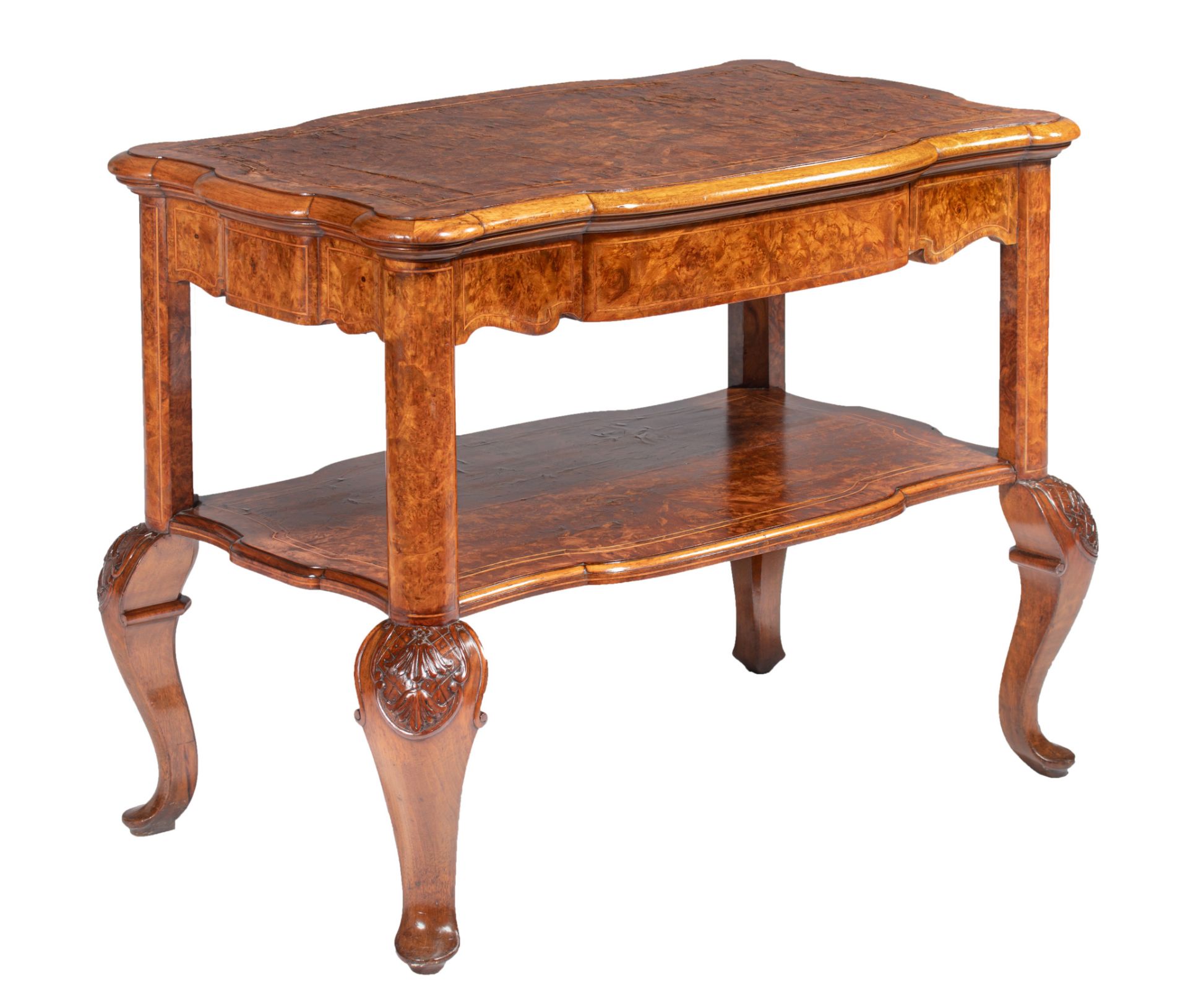 An English side table on baluster feet, burr and walnut veneered, H 70 - W 89 - D 54 cm