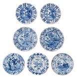 A collection of seven fine blue and white Dutch Delft Chinoiserie dishes, 17th/18thC, dia 23 - 26 cm