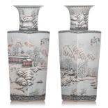 Two Chinese famille rose and grisaille vases, with signed texts and seal mark reading He Xuren, H 45