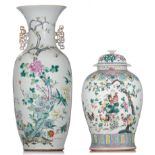 A Chinese famille rose 'Cockerel' covered vase and a 'Flower garden' vase, late 19thC, H 42,5 - 57,5