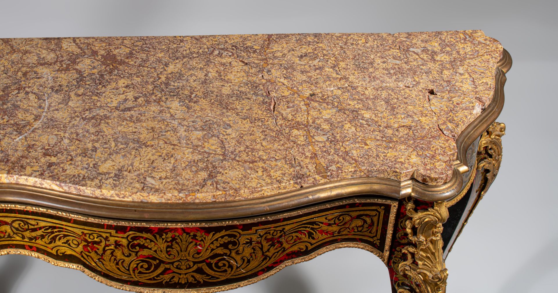 A Napoleon III Boulle work console table, with marble top, marked, H 95 - W 135 - D 50 cm - Image 9 of 10