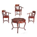 A Chinese carved rosewood table set, with mother-of-pearl inlay, 20thC, Tallest H 83 cm