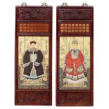 Two fine Chinese portrait paintings, fitted in a carved hardwood frame, late Qing, Total H 160 cm