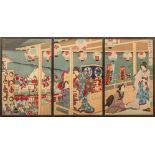 Triptych of Japanese woodblock prints format oban by Chikanobu, depicting a scene at the kabuki thea