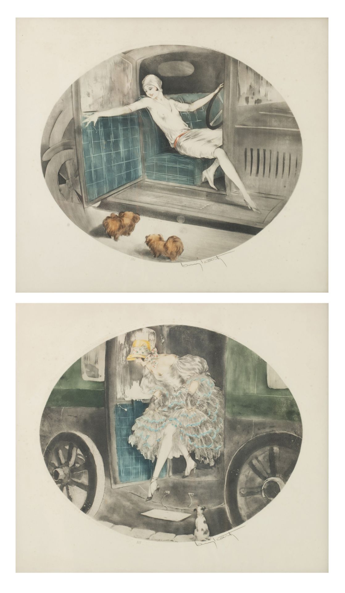 Louis Icart (1888-1950), two Art Deco beauties in a vehicle, 1929, etching and aquatint, 38,5 x 45 c