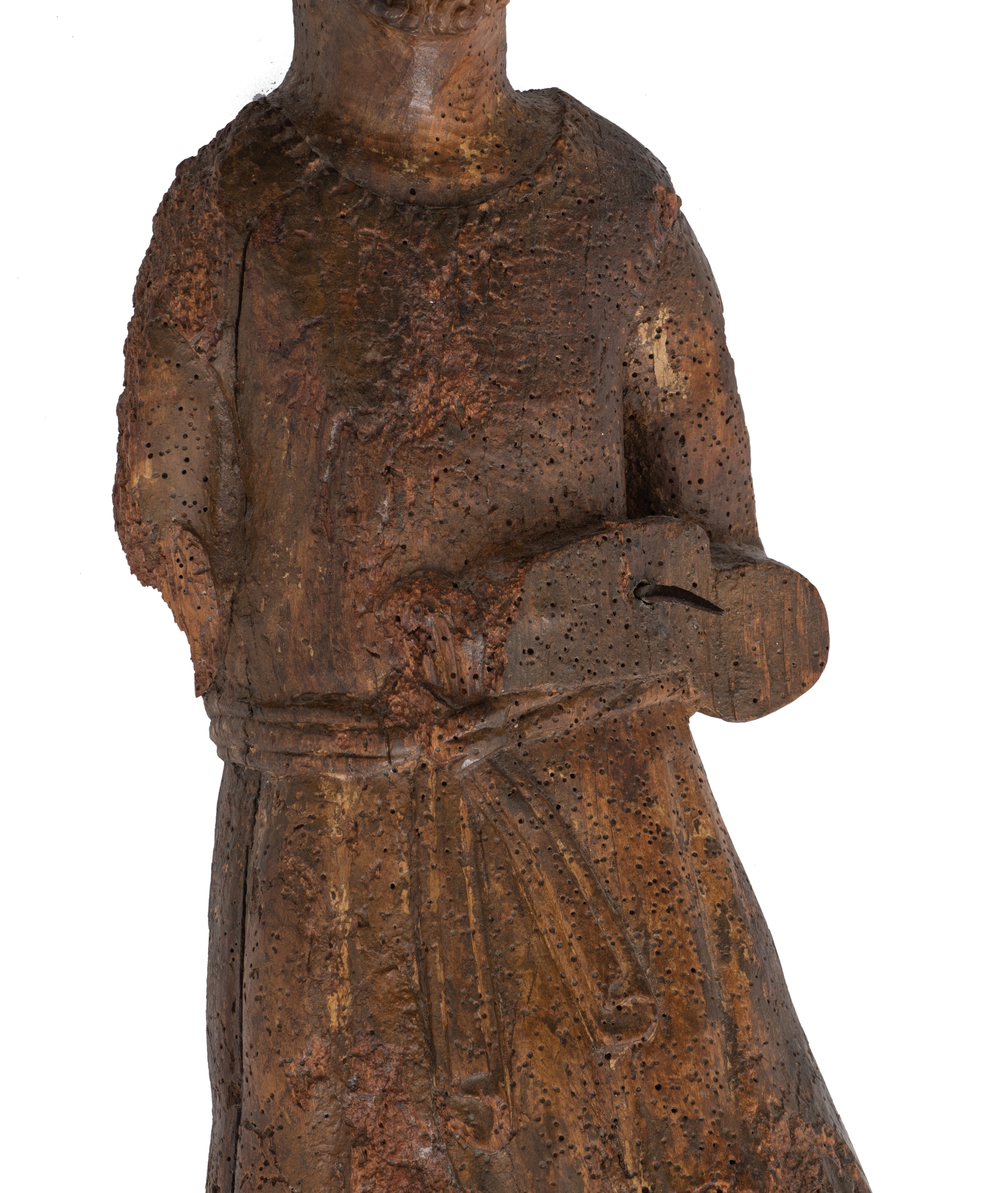 A walnut sculpture of a saint, 15thC, H 80 cm - Image 6 of 7