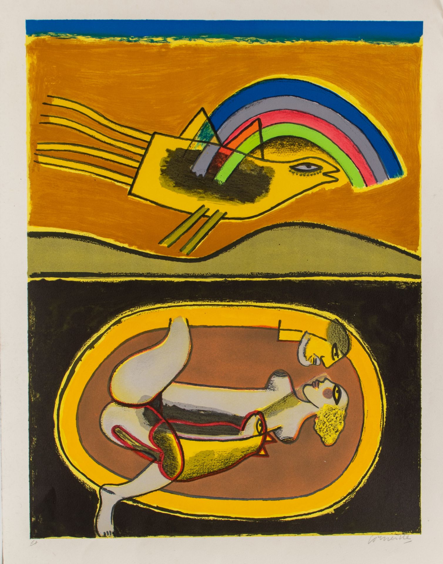 Corneille (1922-2010), Bird and woman under the rainbow, colour lithograph, Artist Proof, 66 x 50 cm