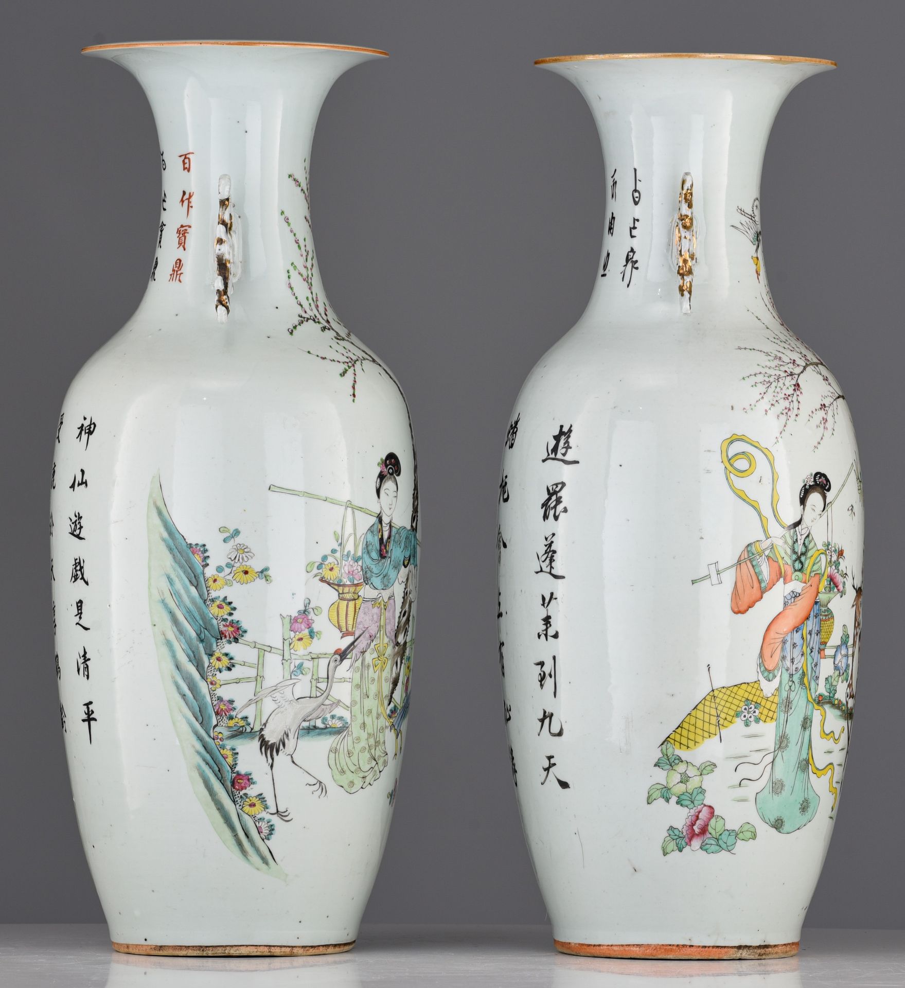 Two Chinese famille rose 'Magu and the deer' vases, the back with a signed text, Republic period H 5 - Image 5 of 7