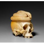 An ivory skull and snake memento mori, in our opinion formerly part of a greater set, 17th/18 C, H 5