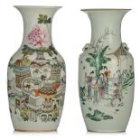 A Chinese Qianjiangcai vase and a famille rose vase, both with a signed text, Republic period, H 43