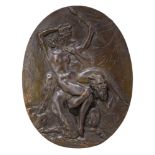 Clodion (1738-1814), a patinated bronze oval plaque depicting two satyrs abducting a nymph, 19 x 24