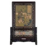 A Chinese hardwood table screen, enclosing an old print and a silk embroidery, Republic period, Tota