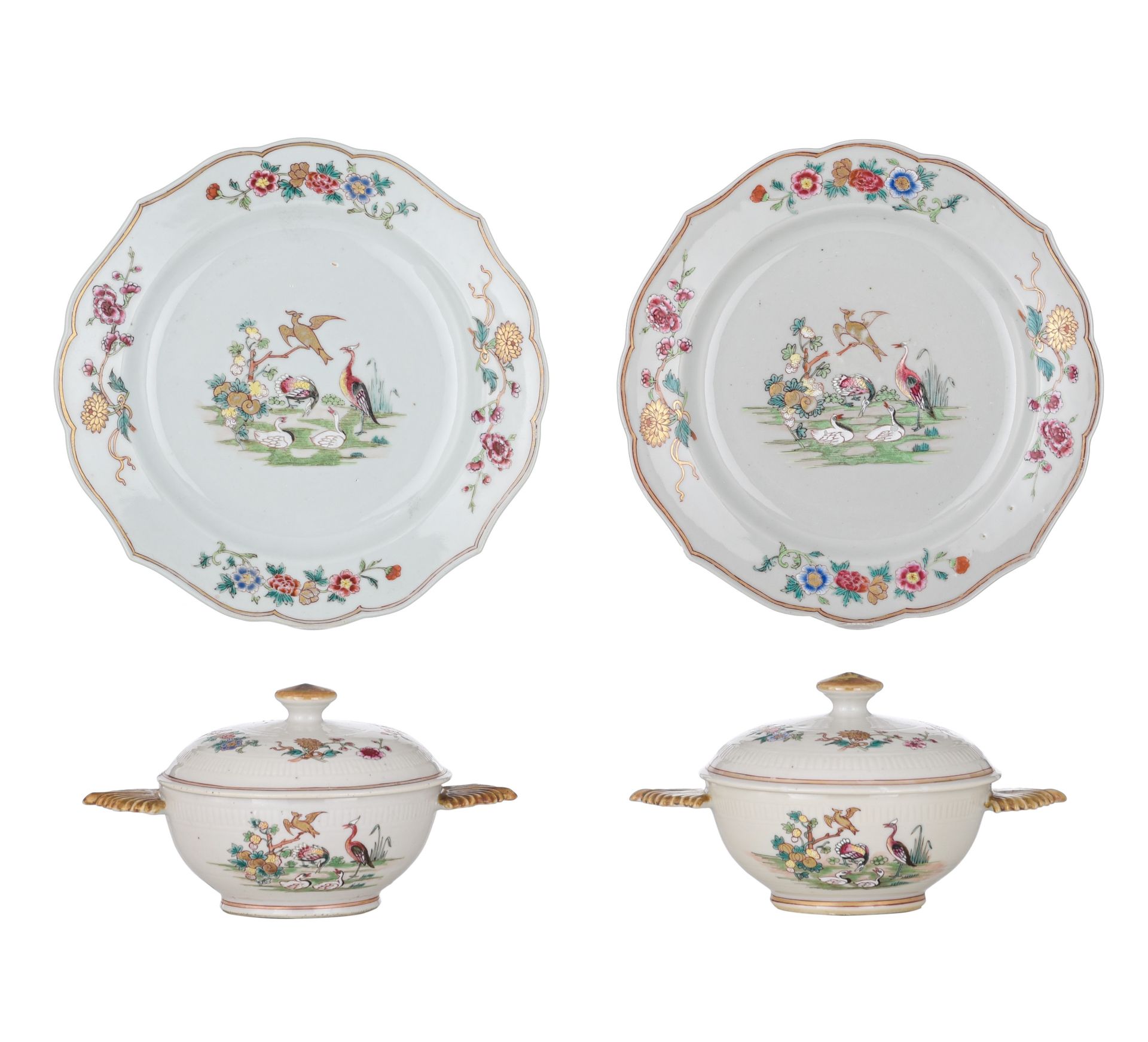 A series of two Chinese famille rose export porcelain tureens and matching dishes, Qianlong period,