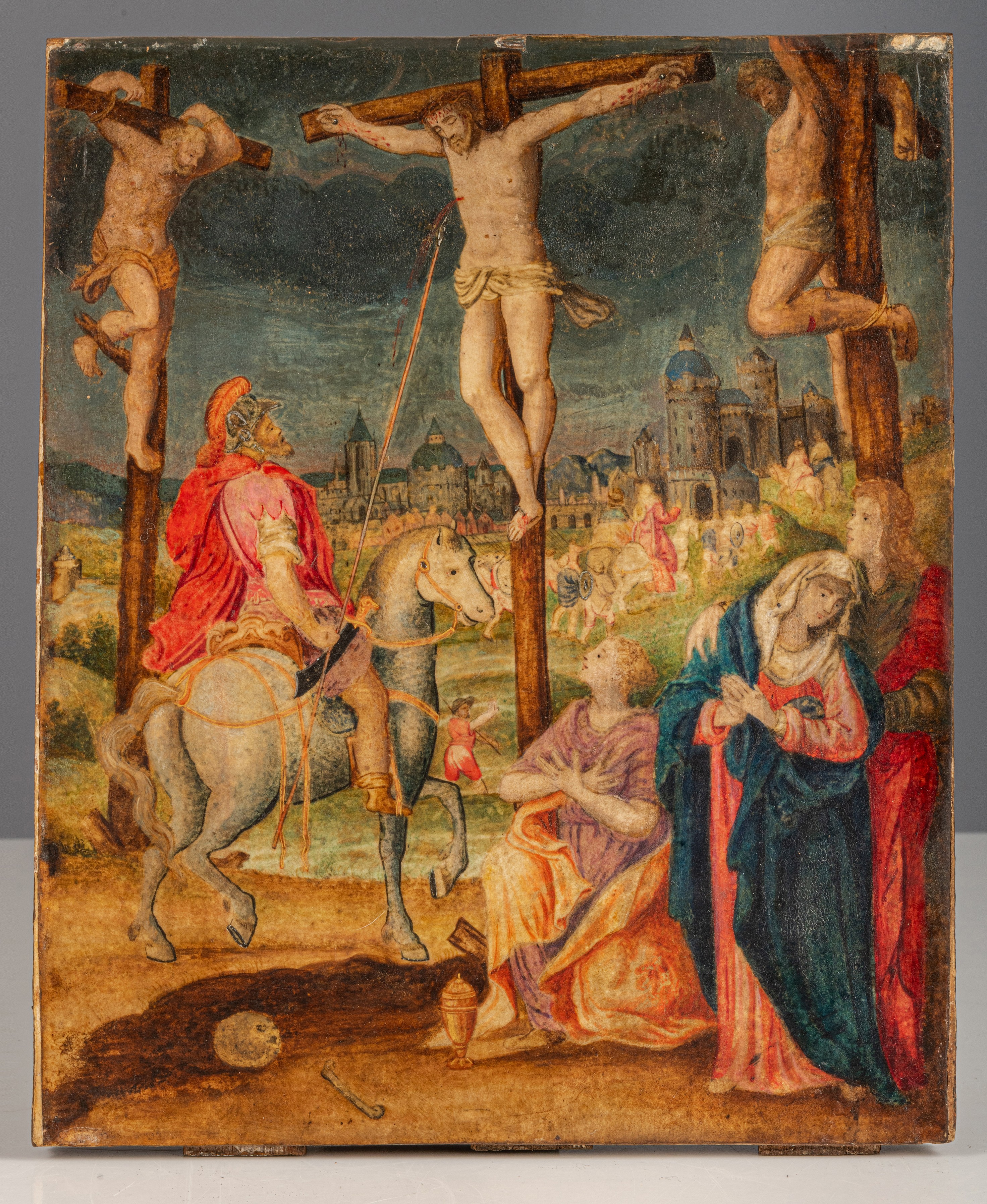 Golgotha, Italian School, 16thC, watercolour on parchment on a cradled oak panel, 19,5 x 23 cm - Bild 2 aus 4