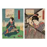 Two Japanese woodblock prints by Toyokuni III, the first one a portrait of a courtesan, ca. 1862, th