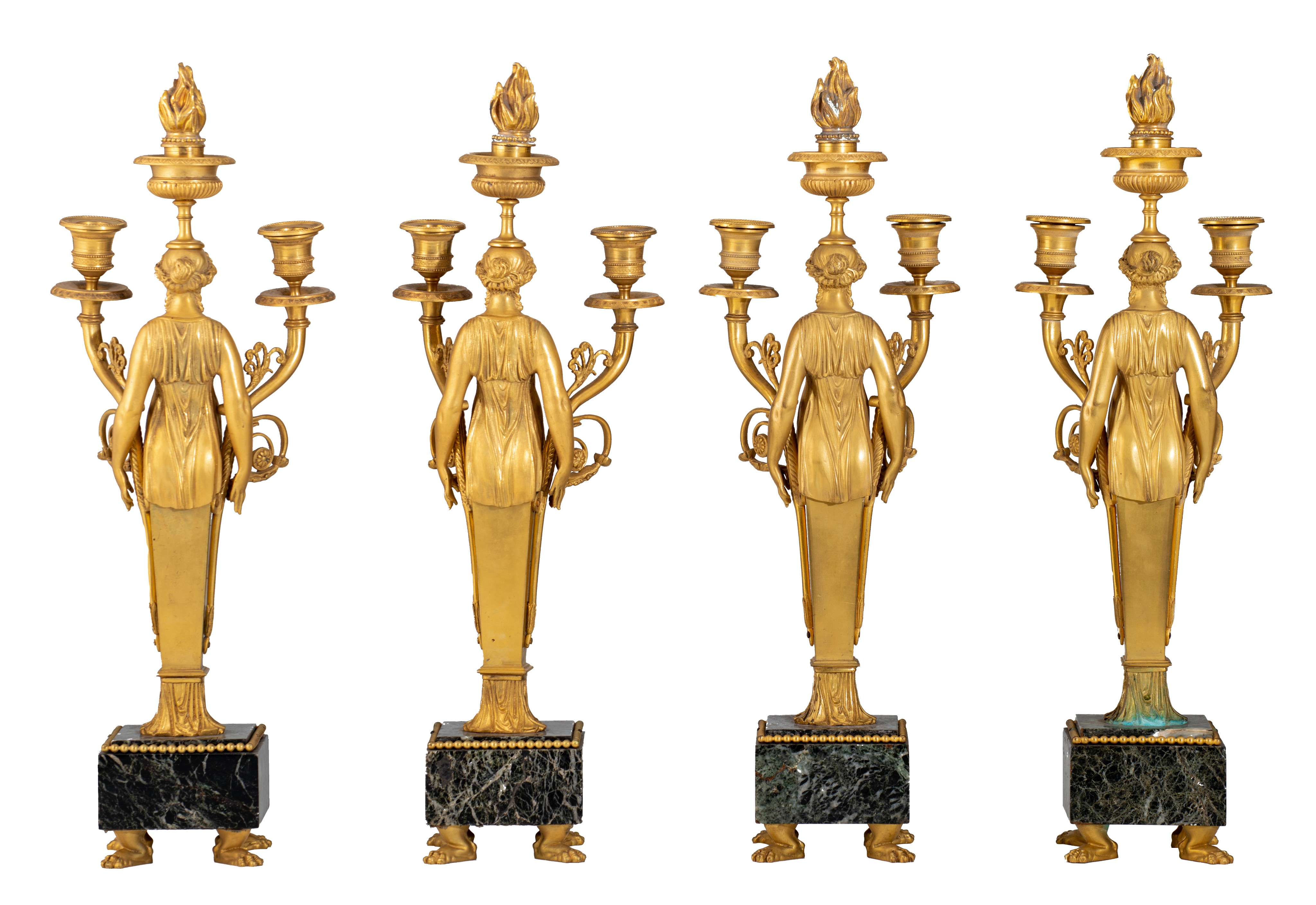 A set of four Empire style caryatid candelabras, gilt bronze on a vert de mer marble base, H 51,5 cm - Image 3 of 5