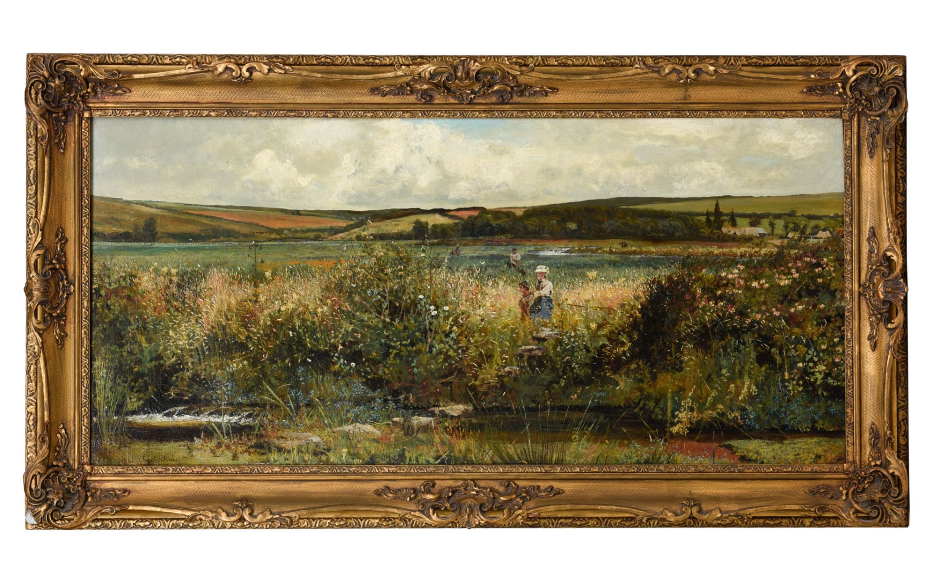 John William Buxton Knight (1842-1908), pastoral figures in a panorama, oil on canvas, 56 x 120 cm - Image 2 of 5