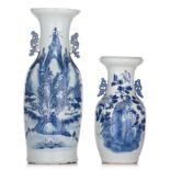 Two Chinese blue and white vases, both paired with lingzhi handles, 19thC, H 42 - 60 cm