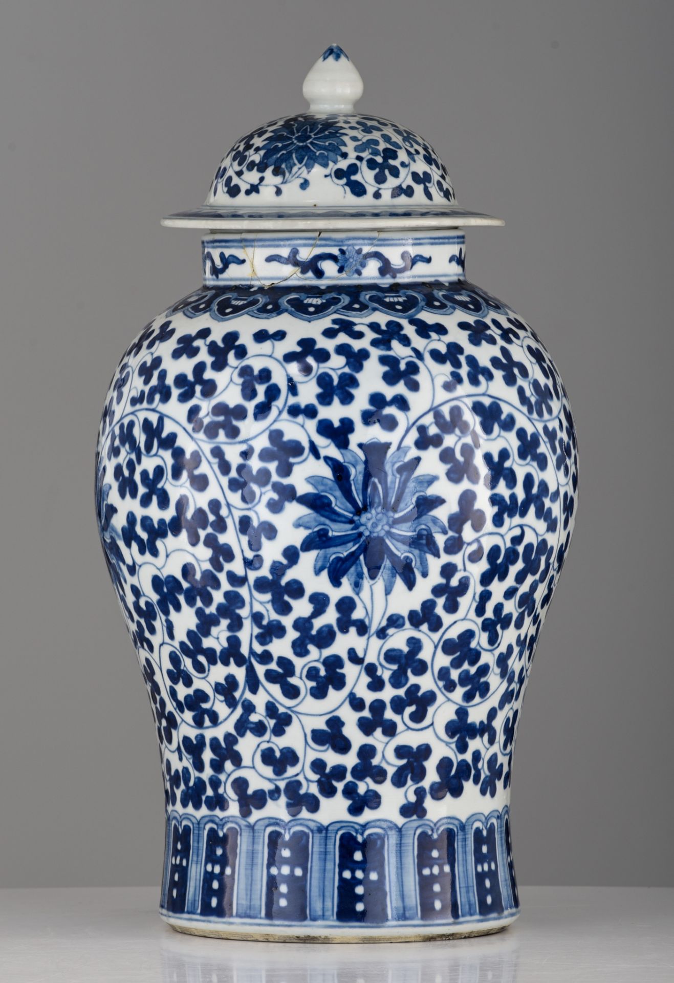 Two Chinese blue and white 'Scrolling lotus' baluster vases and cover, 19thC, H 49 - 51 cm - Image 6 of 15