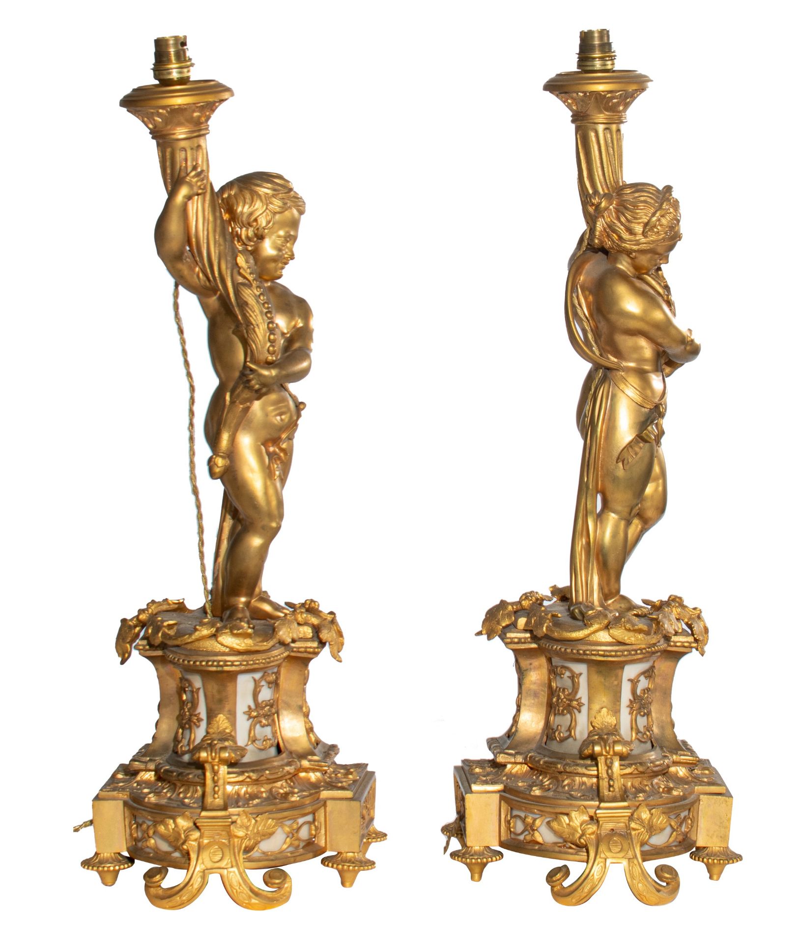 A pair of Neoclassical gilt bronze figural lamps on stands, and a matching pair of sculptures of put - Image 5 of 12