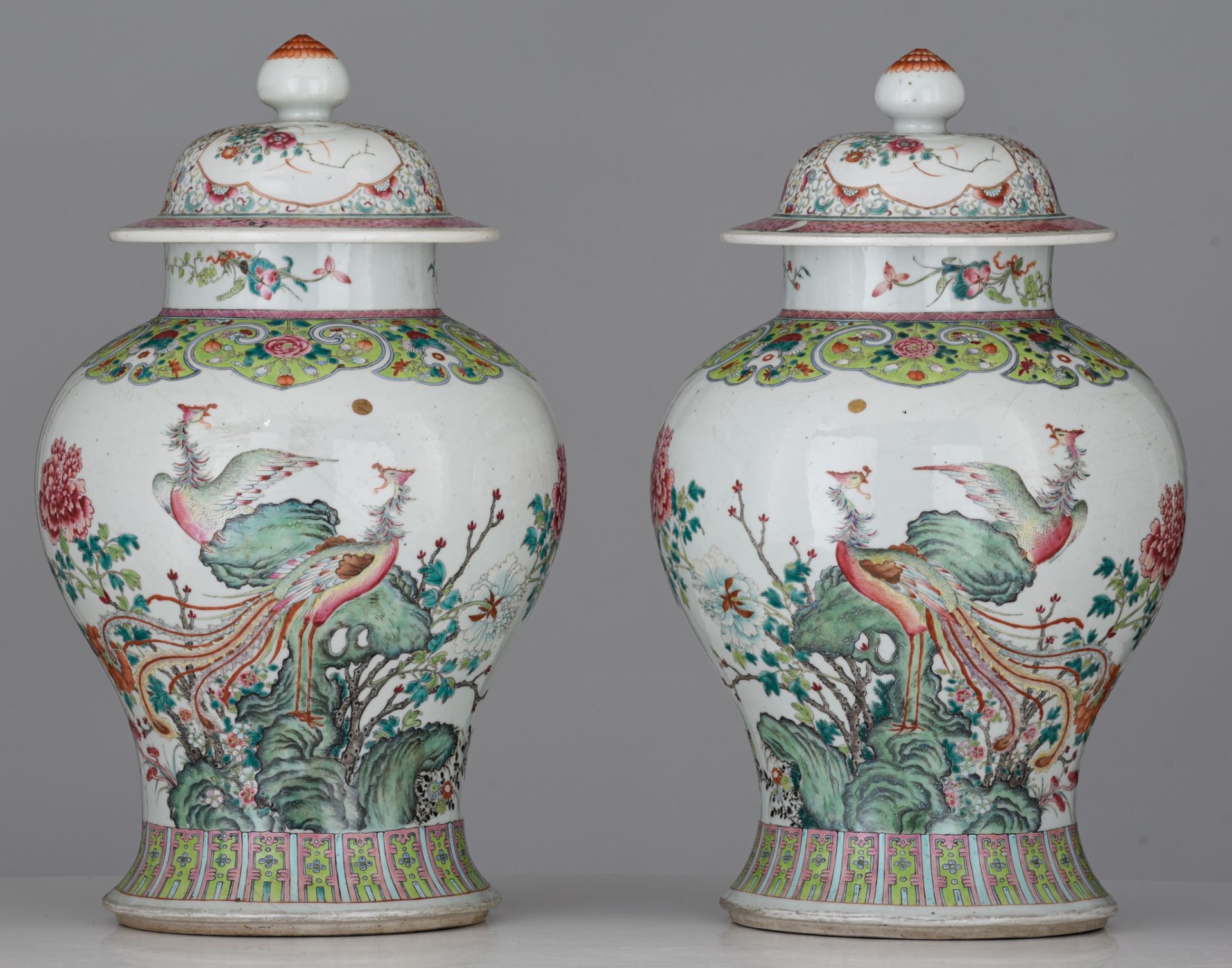 A fine pair of Chinese famille rose 'Phoenix' covered vases, 19thC, H 44,5 cm - Image 2 of 7