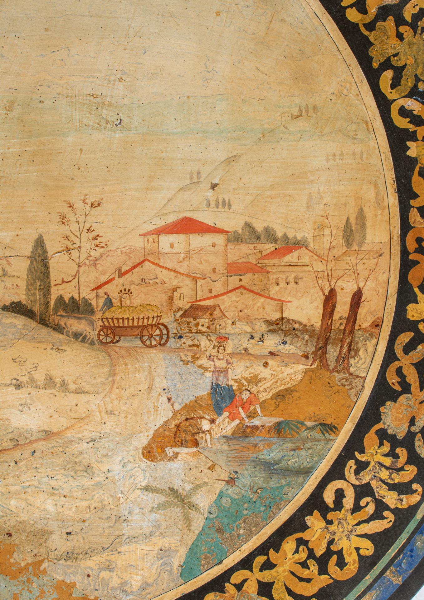 An Italian scagliola circular tabletop, a marble ground with hand-painted central pastoral scene, ca - Image 4 of 8