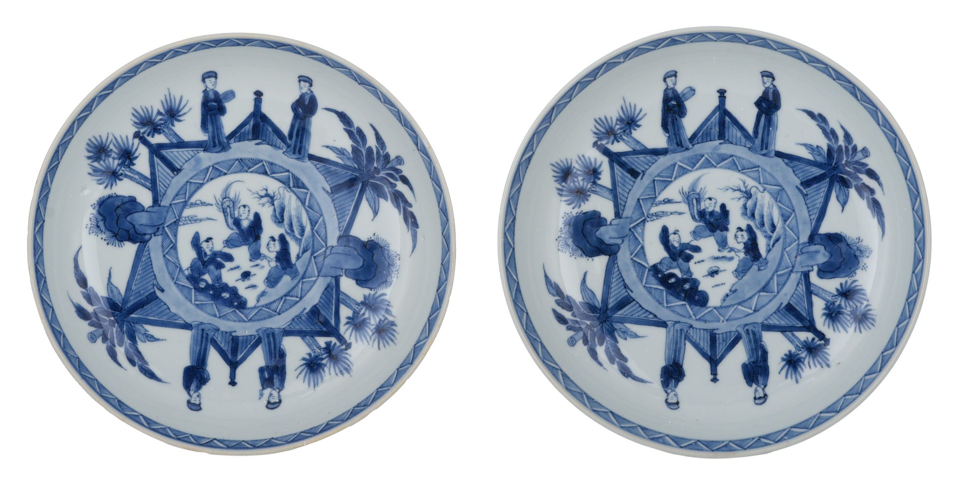 Two Chinese blue and white 'Figural' dishes, with a Chenghua mark, dia. 23 cm