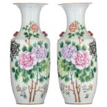 A pair of Chinese famille rose vases, paired with Fu lion head handles, with signed texts, Republic